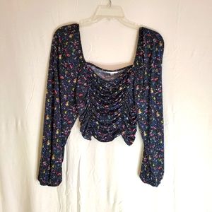 Cropped ruched balloon sleeve blouse with flowers size Large